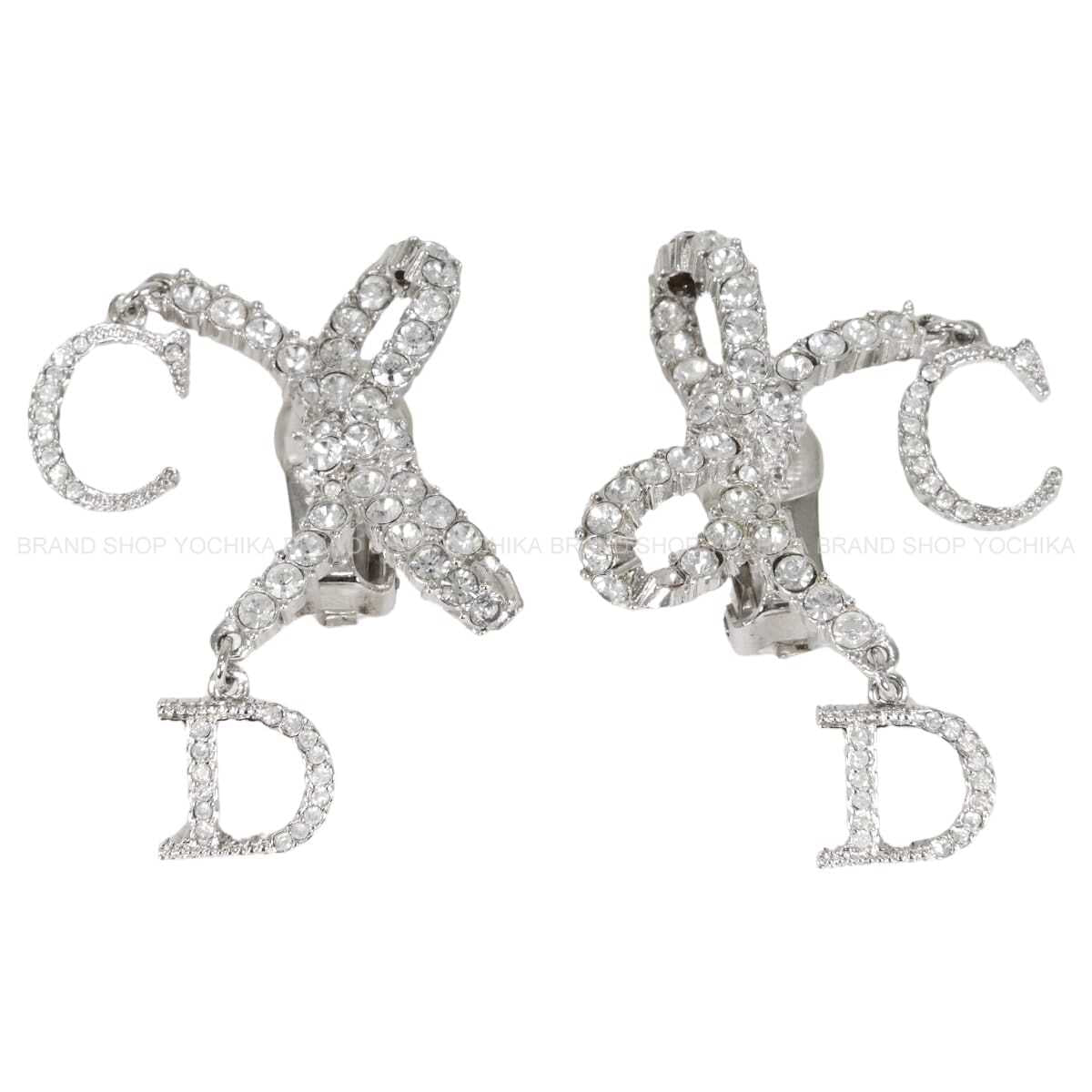 [Pre-loved] Christian Dior earrings Ribbon Motif Rhinestone CD Logo Silver Metal Crystal[LIKE NEW][Authentic]