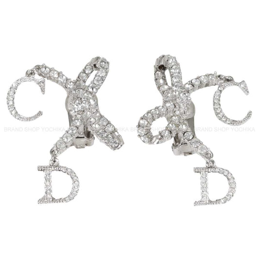 [Pre-loved] Christian Dior earrings Ribbon Motif Rhinestone CD Logo Silver Metal Crystal[LIKE NEW][Authentic]