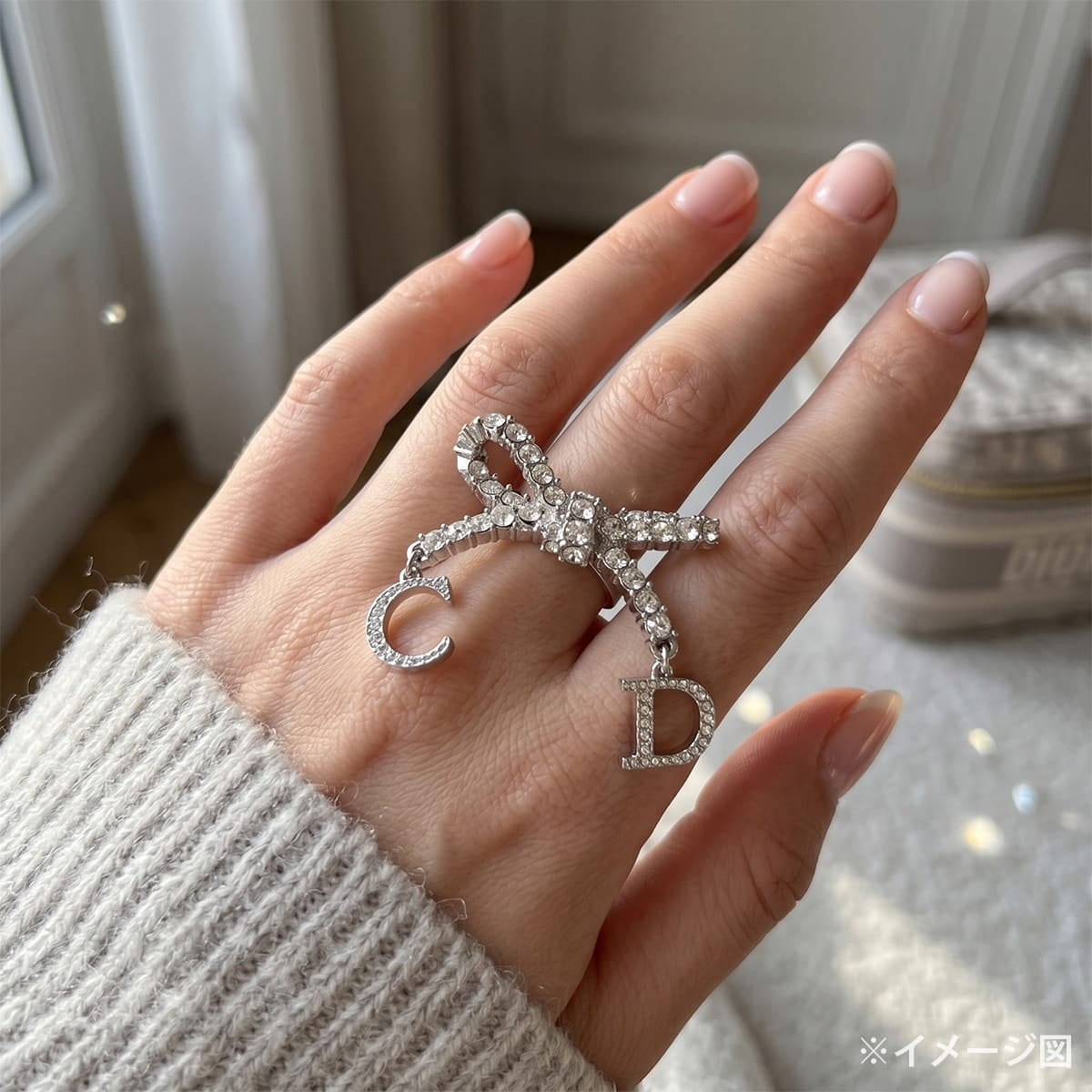 [Pre-loved] Christian Dior ring Ribbon Motif Rhinestone CD Logo Silver Metal Crystal[LIKE NEW][Authentic]