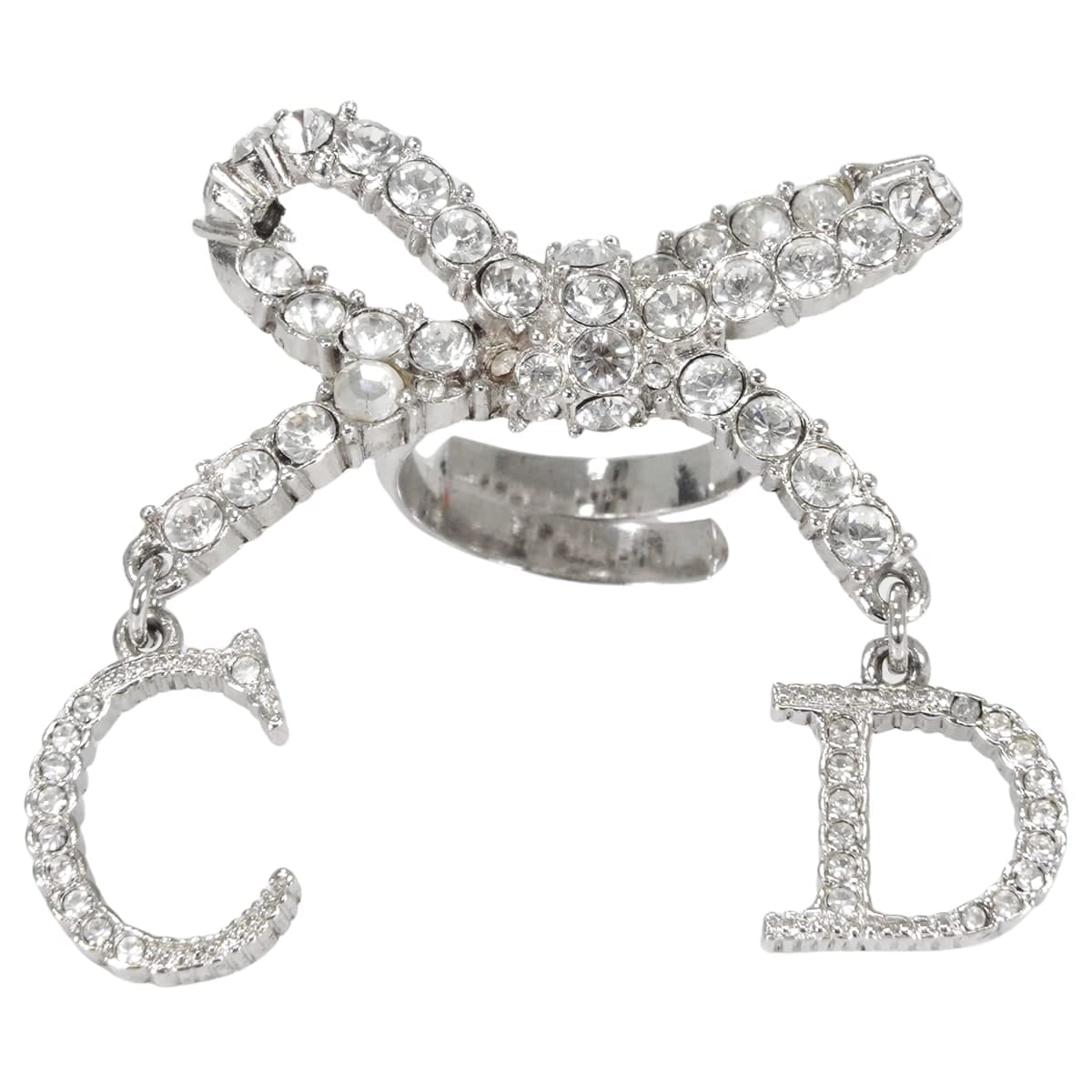 [Pre-loved] Christian Dior ring Ribbon Motif Rhinestone CD Logo Silver Metal Crystal[LIKE NEW][Authentic]