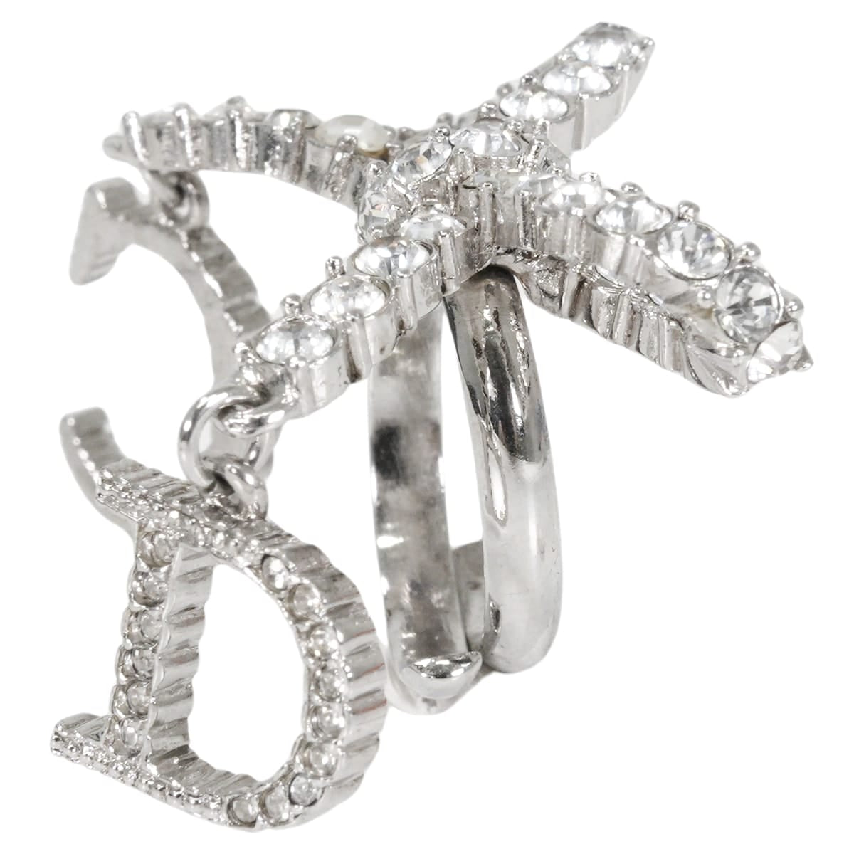[Pre-loved] Christian Dior ring Ribbon Motif Rhinestone CD Logo Silver Metal Crystal[LIKE NEW][Authentic]