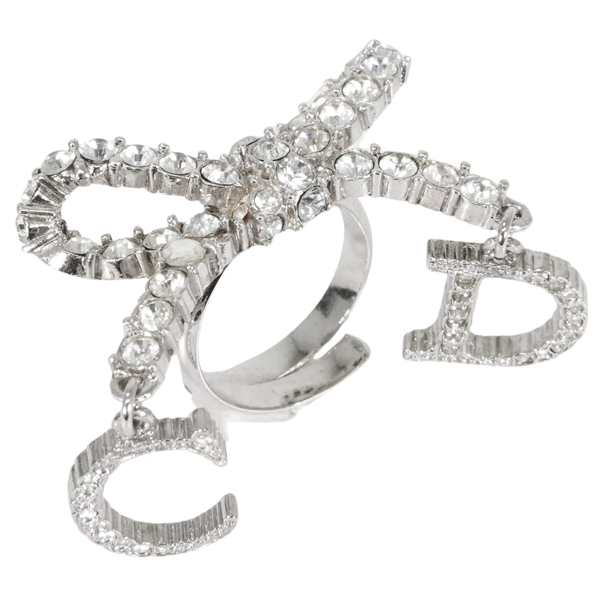 [Pre-loved] Christian Dior ring Ribbon Motif Rhinestone CD Logo Silver Metal Crystal[LIKE NEW][Authentic]