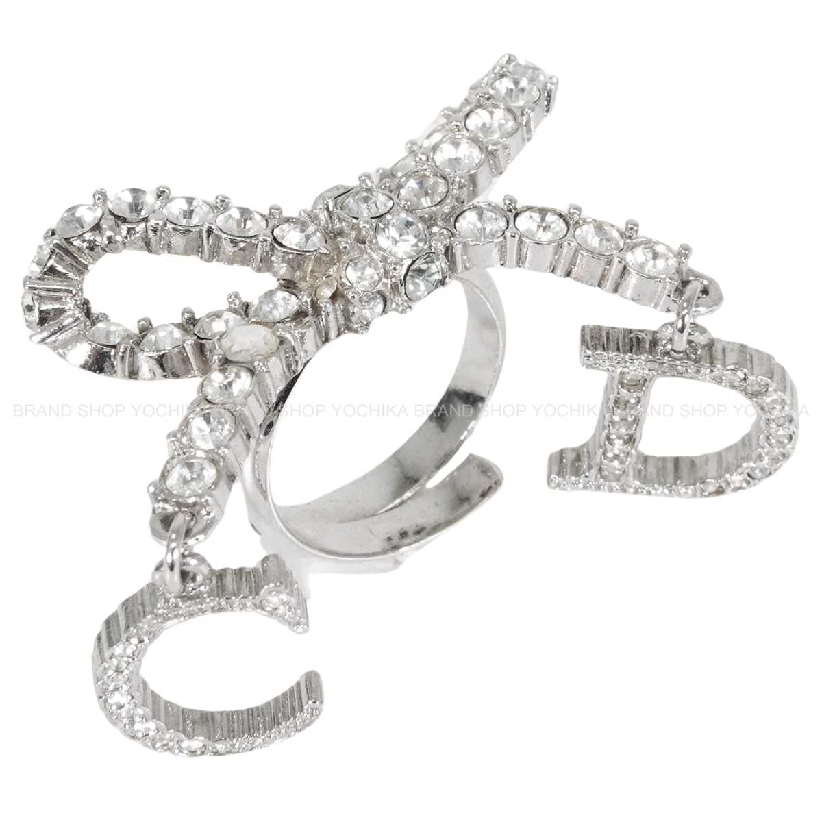 [Pre-loved] Christian Dior ring Ribbon Motif Rhinestone CD Logo Silver Metal Crystal[LIKE NEW][Authentic]