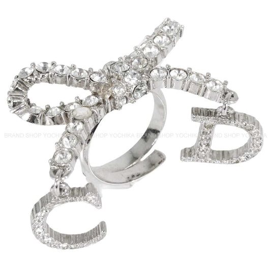 [Pre-loved] Christian Dior ring Ribbon Motif Rhinestone CD Logo Silver Metal Crystal[LIKE NEW][Authentic]