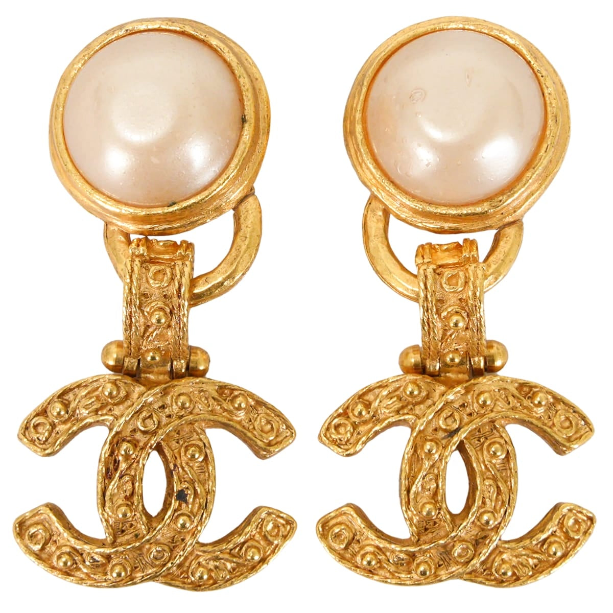 [Pre-loved] 94A CHANEL earrings Vintage Pearl COCO Mark Dangle Gold Metal/Pearl[LIKE NEW][Authentic]