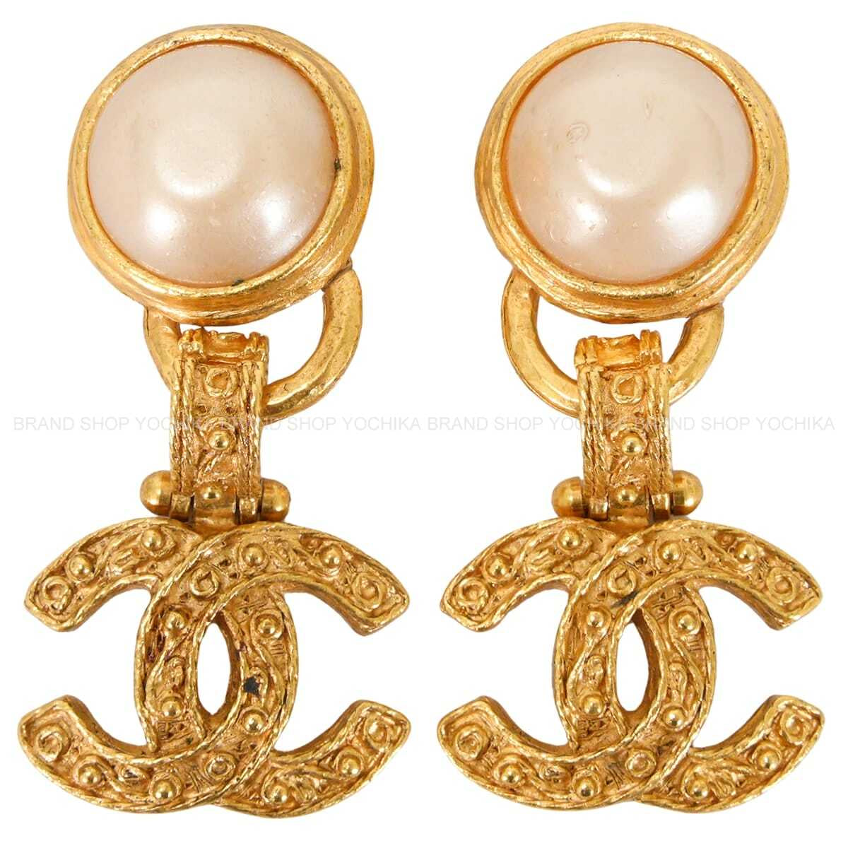 [Pre-loved] 94A CHANEL earrings Vintage Pearl COCO Mark Dangle Gold Metal/Pearl[LIKE NEW][Authentic]