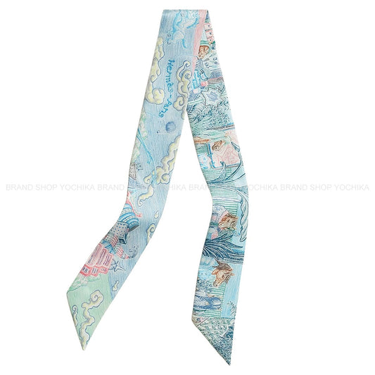 HERMES scarf Twilly City of Light Bleu Jean/Pink/Vert Veronese Silk100%[BRAND NEW][Authentic]