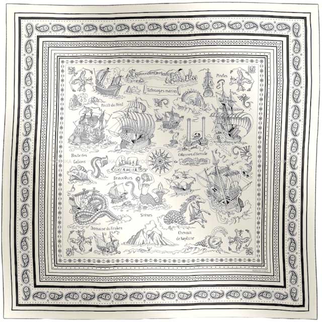 2024SS HERMES scarf Carre 140 Tatouages Marins Bandana Blanc (White)/Noir (Black) Cashmere65% / Silk35%[EXCELLENT][Authentic]