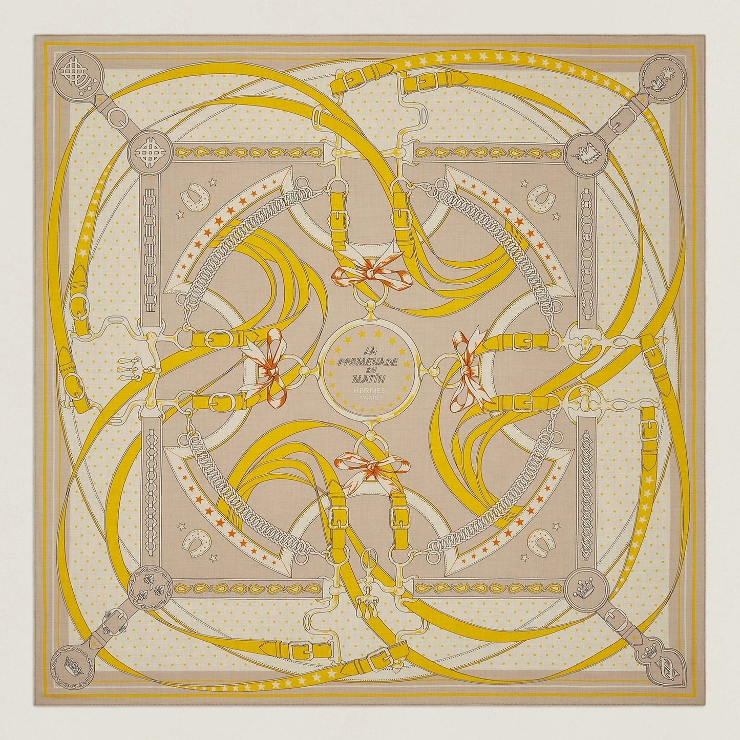 2023SS HERMES scarf Carre 140 La Promenade du MatinNatural/Beige/Jaune Cashmere70% / Silk30%[EXCELLENT][Authentic]