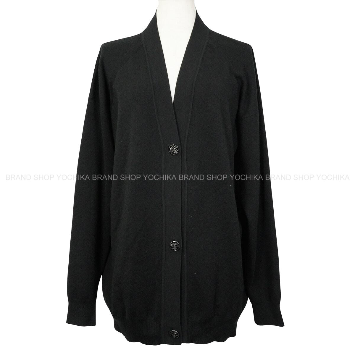 [Pre-loved] HERMES Cardigan Long Sleeve Ex-Libris Buttons Noir (Black) Cashmere50% / Silk50% #36[LIKE NEW][Authentic]