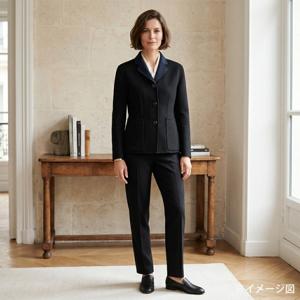 [Pre-loved] HERMES Tailored jacket Women's Long Sleeve Double-Faced Notched Lapel Bi-Color Noir (Black)/Navy Cashmere100% #38[LIKE NEW][Authentic]