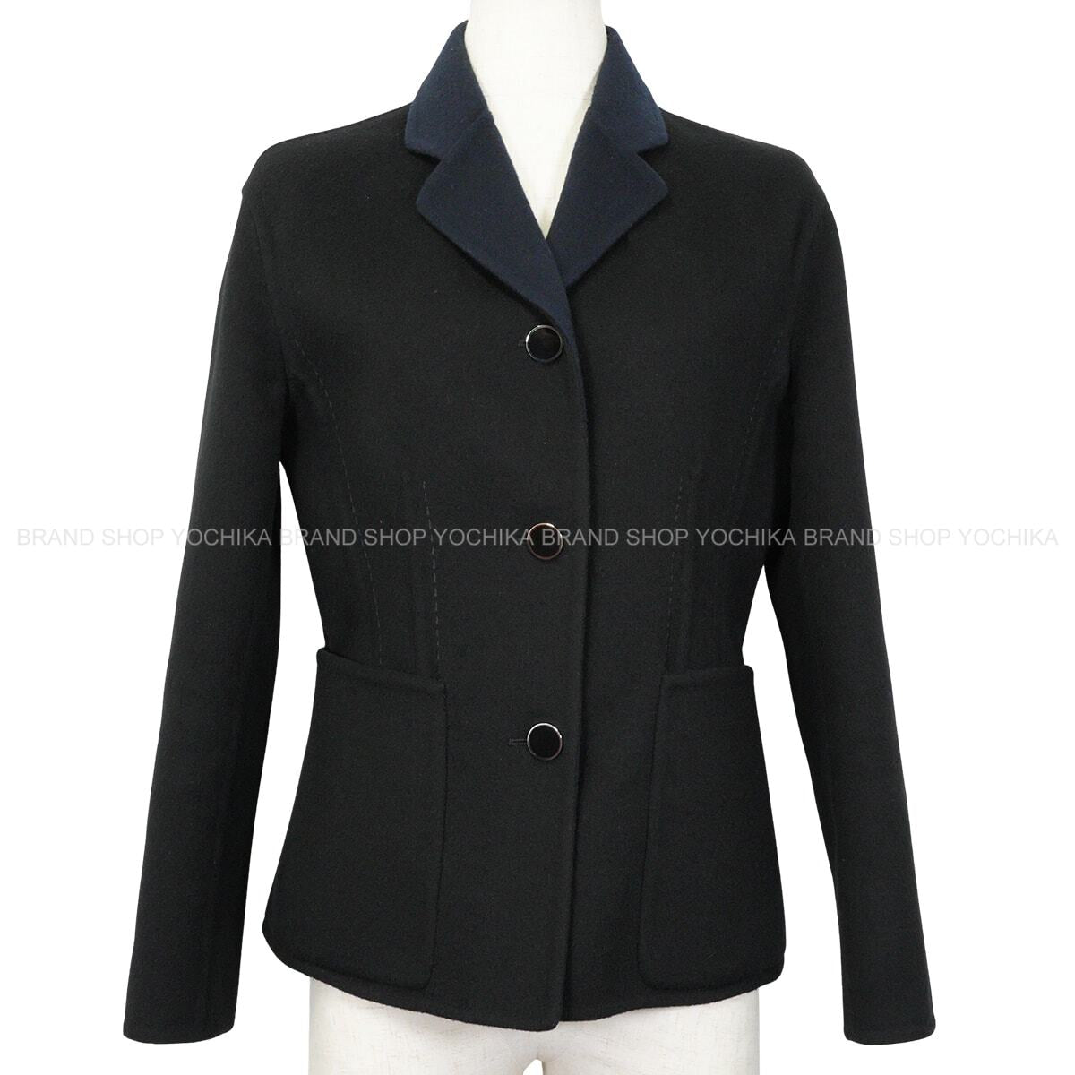[Pre-loved] HERMES Tailored jacket Women's Long Sleeve Double-Faced Notched Lapel Bi-Color Noir (Black)/Navy Cashmere100% #38[LIKE NEW][Authentic]