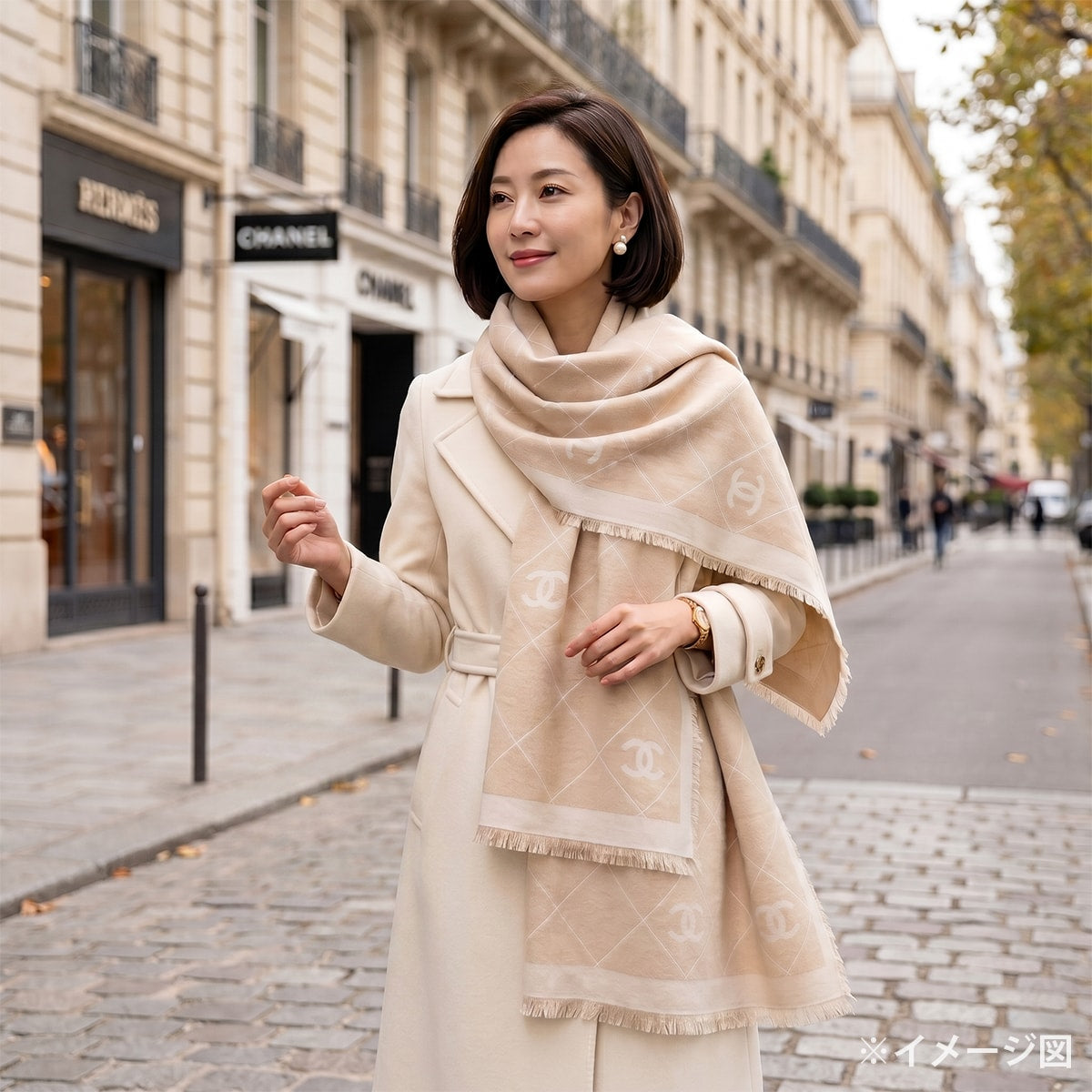 2025SS CHANEL Stall Large COCO MARK Matelasse Fringe Beige Wool/Silk/Cashmere[EXCELLENT][Authentic]