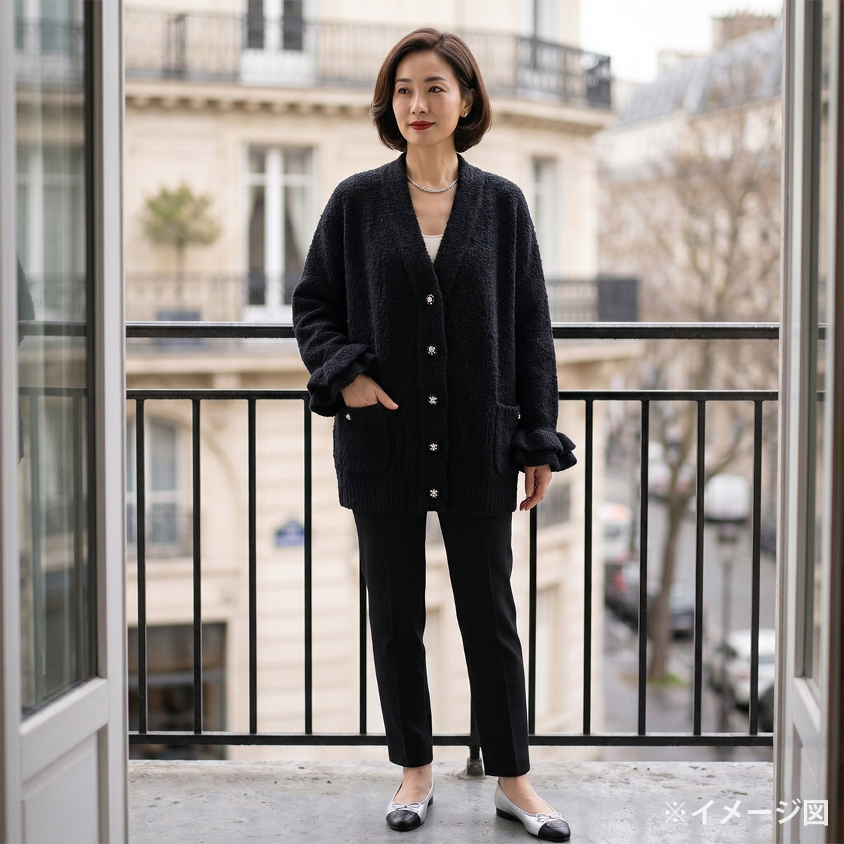 2024AW CHANEL Cardigan Lion Button Look 15 Ruffle Sleeve Noir (Black) Cashmere/Wool/Silk #38 P78396K[EXCELLENT][Authentic]