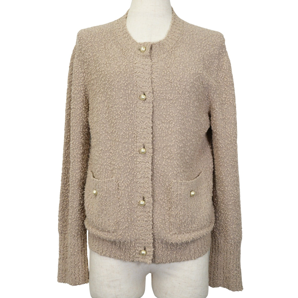 [Pre-loved] 2025SS Christian Dior Cardigan Tank Top Set Boucle Logo Pearl Buttons Beige Cotton/Wool/Nylon #38 524W05B7090[LIKE NEW][Authentic]
