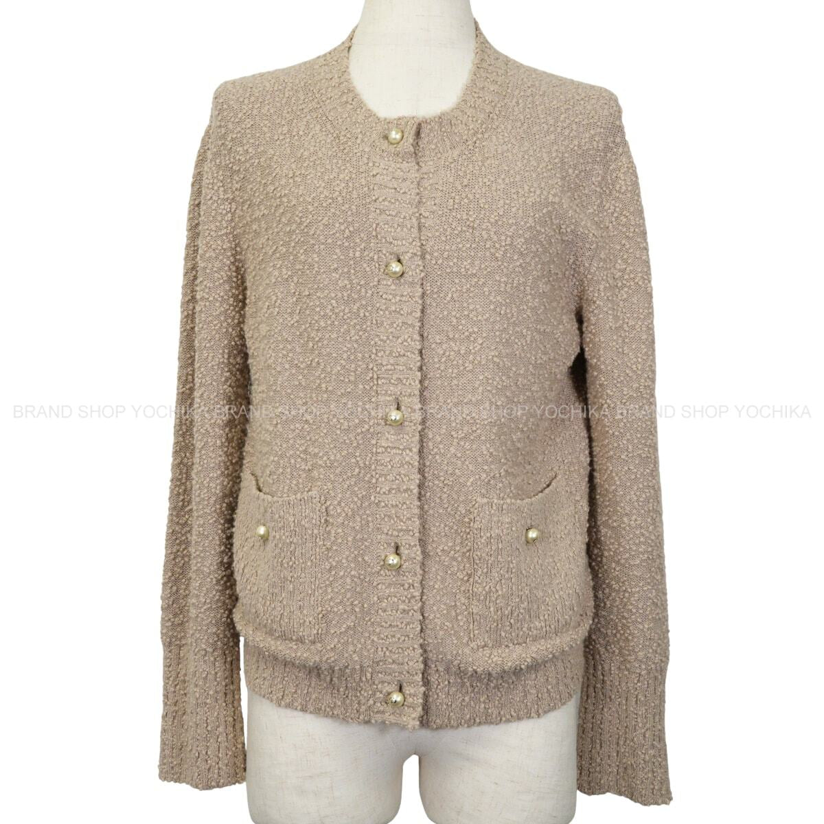 [Pre-loved] 2025SS Christian Dior Cardigan Tank Top Set Boucle Logo Pearl Buttons Beige Cotton/Wool/Nylon #38 524W05B7090[LIKE NEW][Authentic]