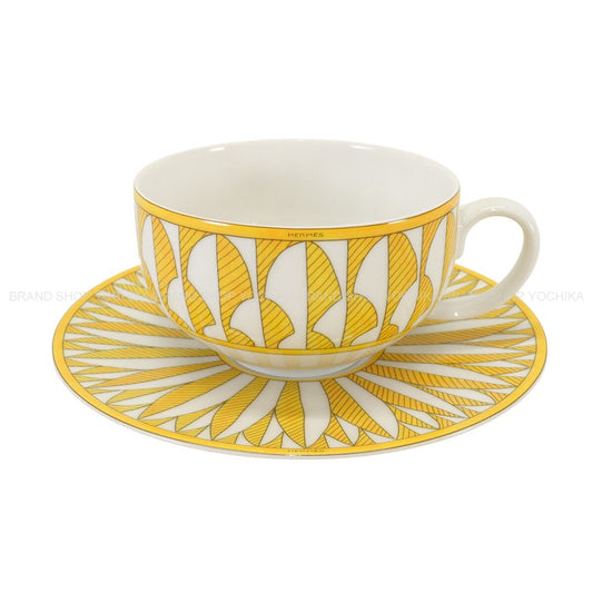 HERMES mug cup Tea Cup and Saucer Soleil d'Hermes 200mlJaune/Blanc (White) Porcelain P046016P[EXCELLENT][Authentic]