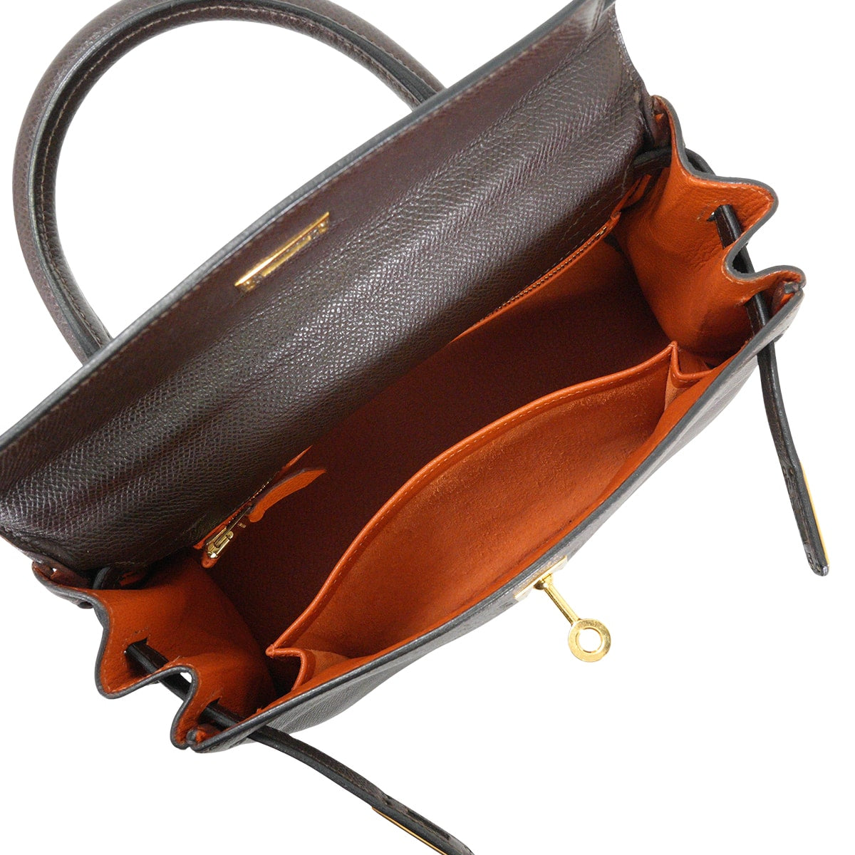 [Pre-loved] HERMES Shoulder bag Kelly25 Retourne Bicolor Chocolat/Orange Veau Epsom Gold HW Stamp □I[USED A][Authentic]