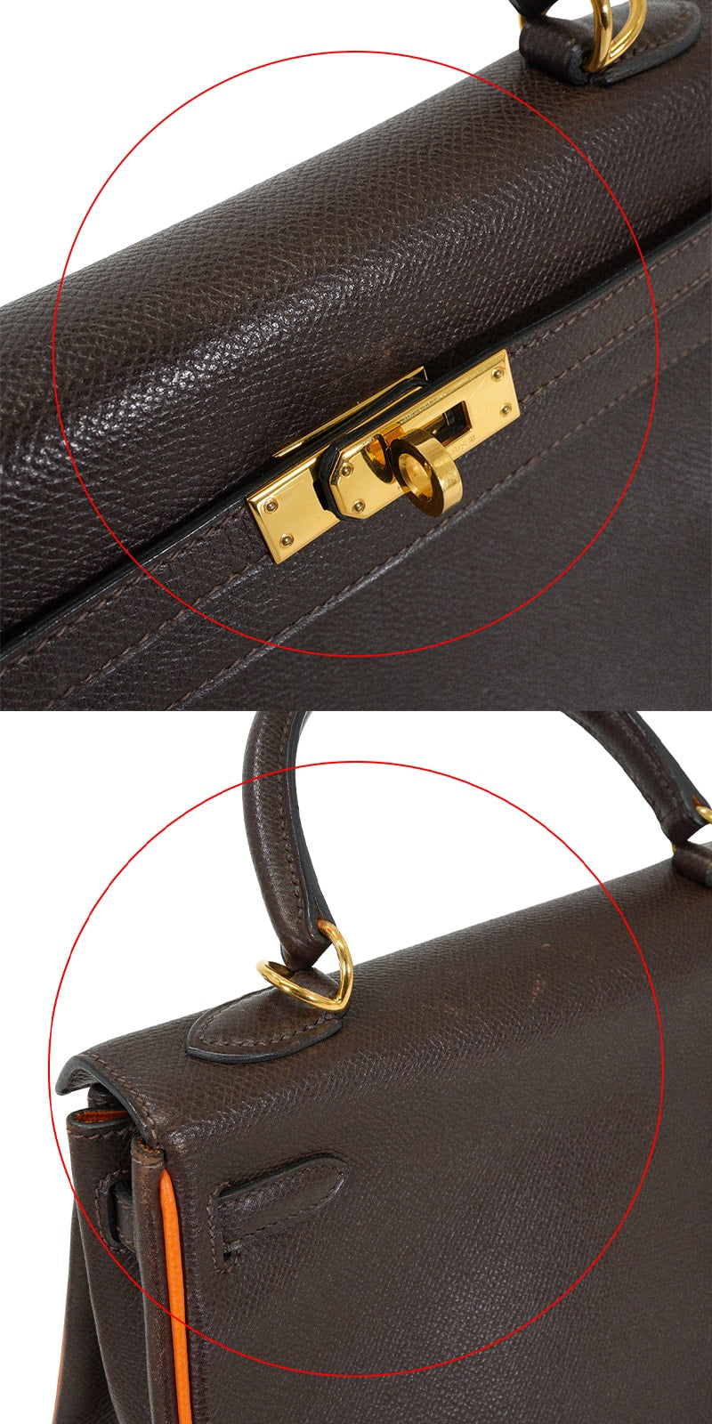 [Pre-loved] HERMES Shoulder bag Kelly25 Retourne Bicolor Chocolat/Orange Veau Epsom Gold HW Stamp □I[USED A][Authentic]