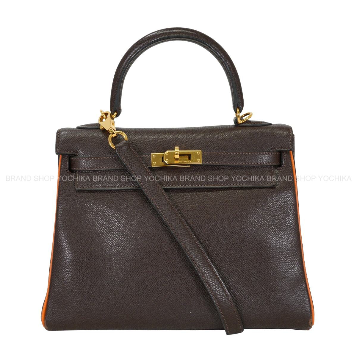 [Pre-loved] HERMES Shoulder bag Kelly25 Retourne Bicolor Chocolat/Orange Veau Epsom Gold HW Stamp □I[USED A][Authentic]