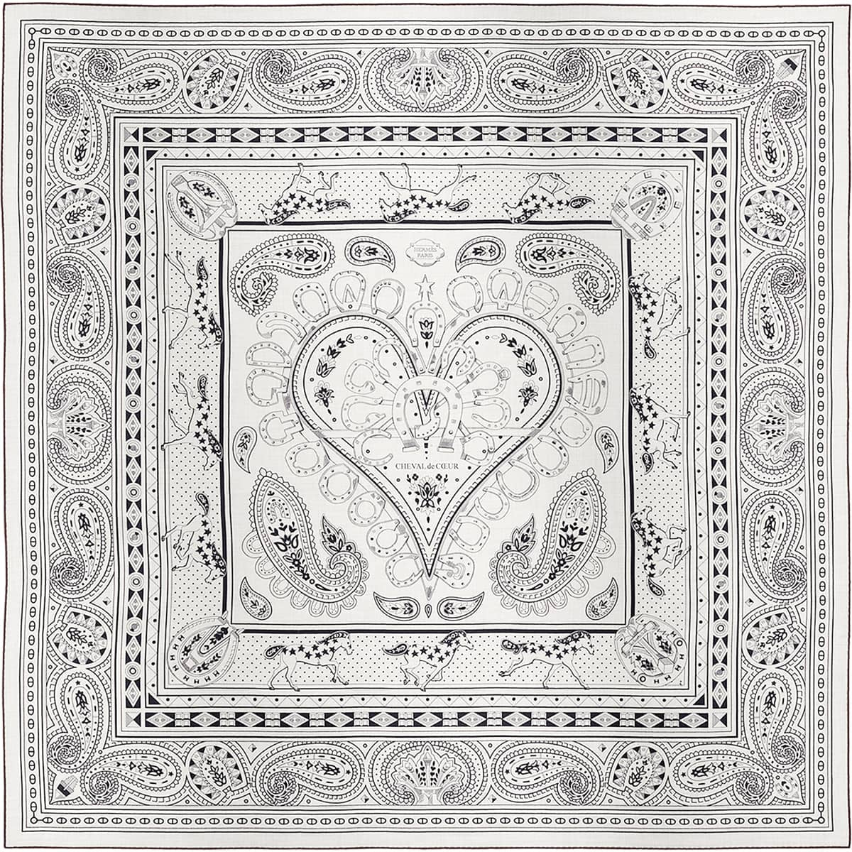 HERMES scarf Carre 140 Cheval de Coeur Bandana Blanc (White)/Noir (Black) Cashmere70% / Silk30%[EXCELLENT][Authentic]