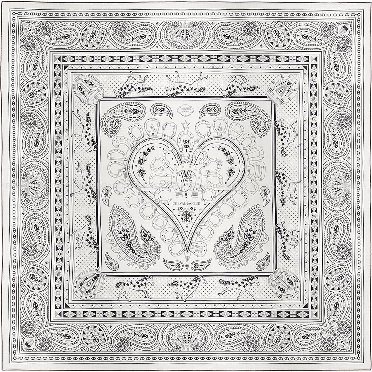 HERMES scarf Carre 140 Cheval de Coeur Bandana Blanc (White)/Noir (Black) Cashmere70% / Silk30%[EXCELLENT][Authentic]