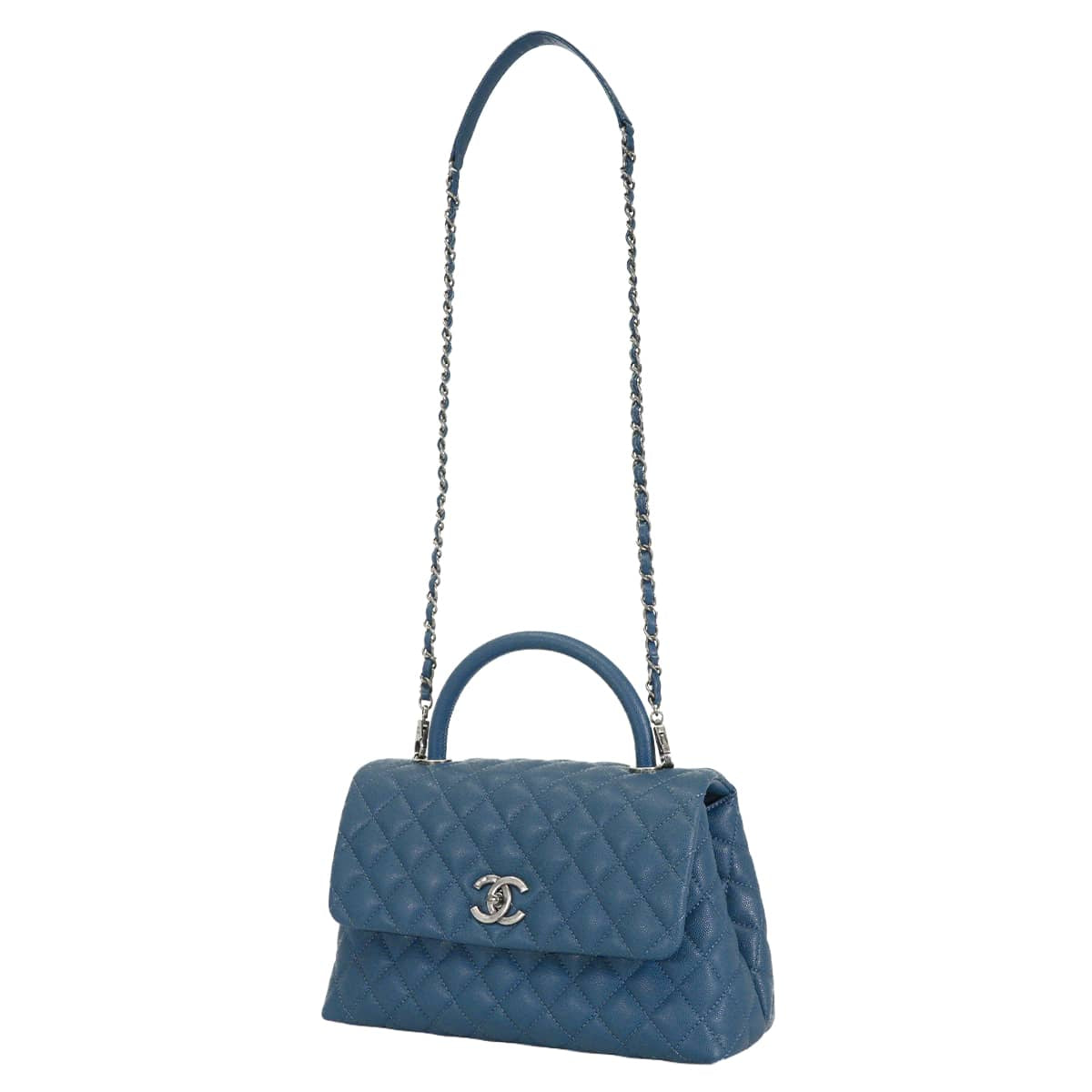 [Pre-loved] CHANEL Handbag Matelasse Coco Handle 29 Large Top Handle Flap Navy Graind Calf(Caviarskin) Antique Silver HW A92991[LIKE NEW][Authentic]