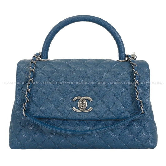 [Pre-loved] CHANEL Handbag Matelasse Coco Handle 29 Large Top Handle Flap Navy Graind Calf(Caviarskin) Antique Silver HW A92991[LIKE NEW][Authentic]