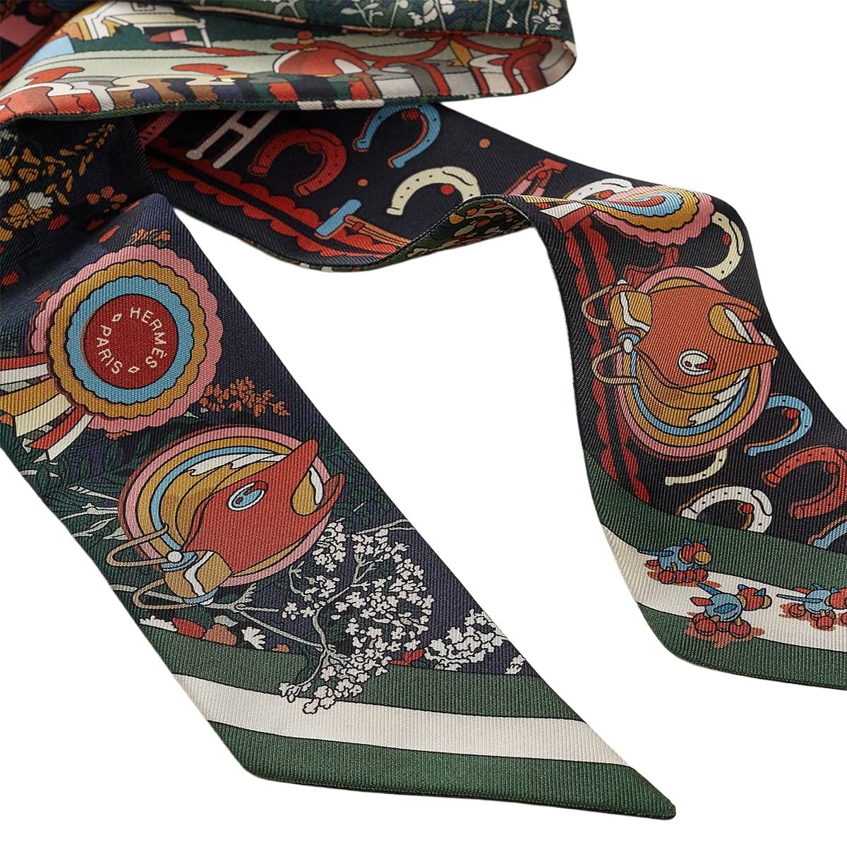 HERMES scarf Twilly Pony Pit Stop Vert Loden/Pink/Blue Silk100%[BRAND NEW][Authentic]