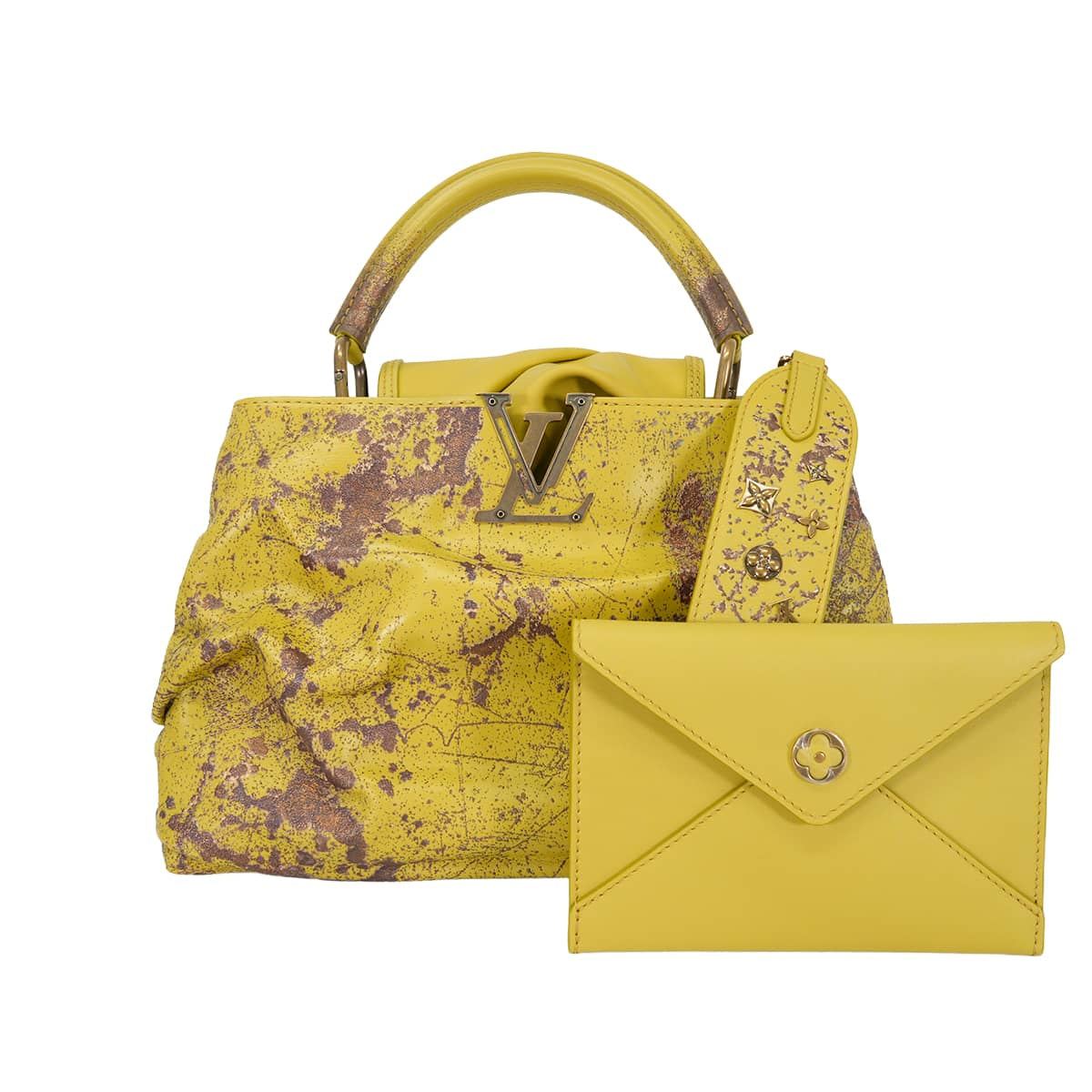 LOUIS VUITTON Handbag LV x KY Kennedy Yanko Artycapucines MMMustard/Brown/Light Gray Cow Leather/Rubber Antique Gold HW M21338[EXCELLENT][Authentic]