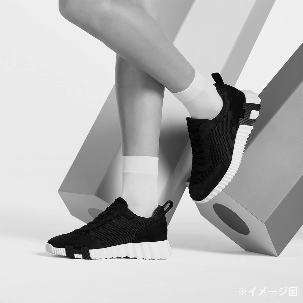 HERMES sneakers Bouncing Noir (Black)/Blanc (White)/Brown Mesh Graphics/Chevre Sport #39[BRAND NEW][Authentic]