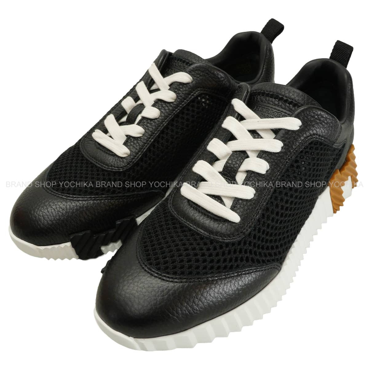 HERMES sneakers Bouncing Noir (Black)/Blanc (White)/Brown Mesh Graphics/Chevre Sport #39[BRAND NEW][Authentic]