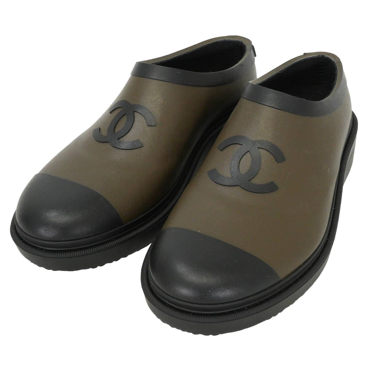 CHANEL boots COCO Mark Rain Slip-On Shoes 24A Noir (Black)/Kaki Rubber #36 G45837[EXCELLENT][Authentic]