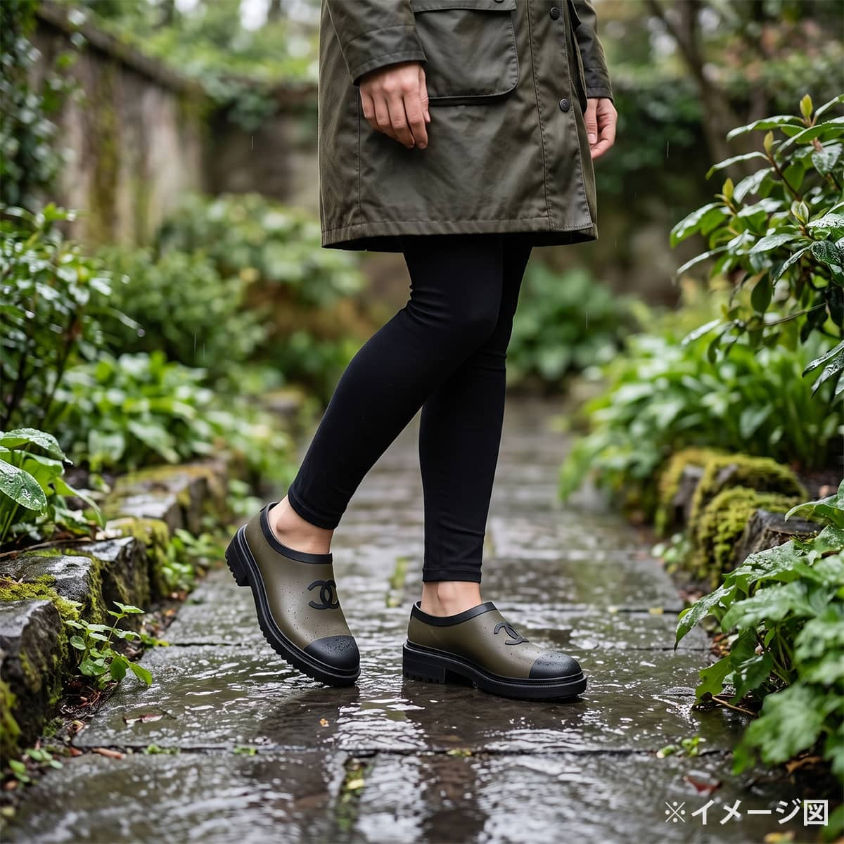 CHANEL boots COCO Mark Rain Slip-On Shoes 24A Noir (Black)/Kaki Rubber #36 G45837[EXCELLENT][Authentic]