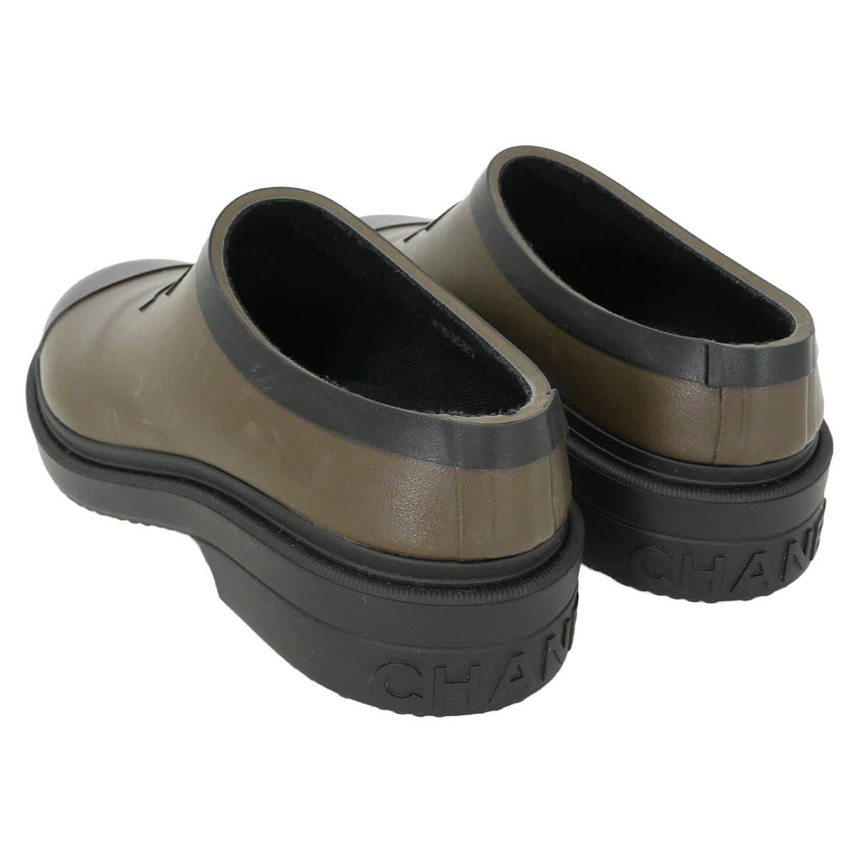 CHANEL boots COCO Mark Rain Slip-On Shoes 24A Noir (Black)/Kaki Rubber #36 G45837[EXCELLENT][Authentic]