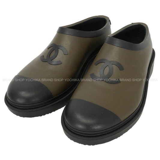 CHANEL boots COCO Mark Rain Slip-On Shoes 24A Noir (Black)/Kaki Rubber #36 G45837[EXCELLENT][Authentic]