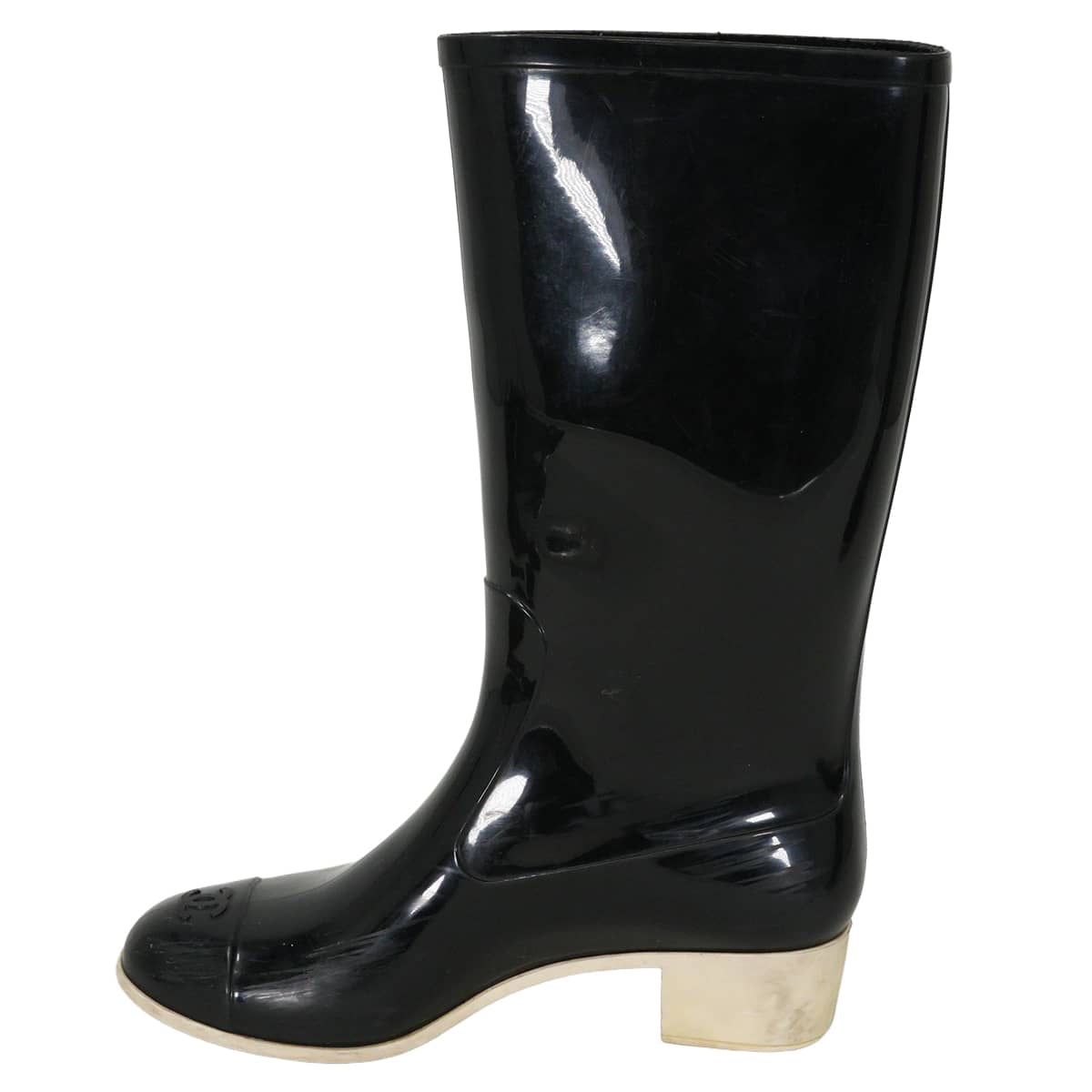[Pre-loved] CHANEL boots Women's Long Rain Boots camellia COCO Mark Noir (Black)/Blanc (White) Rubber #37 Gold HW G26648[USED A][Authentic]