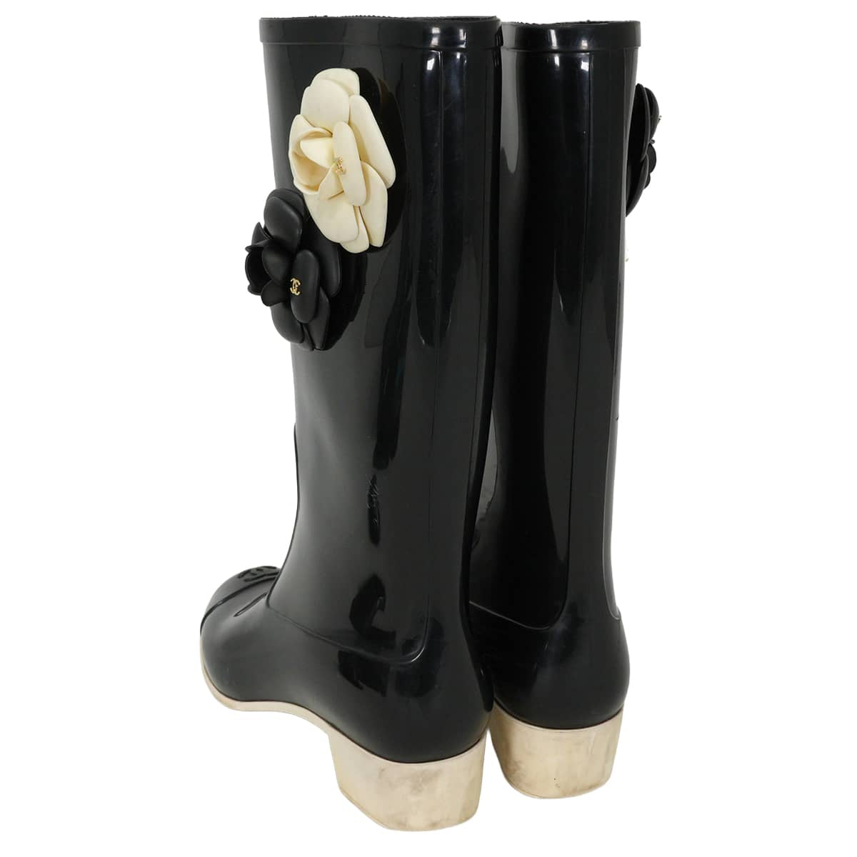 [Pre-loved] CHANEL boots Women's Long Rain Boots camellia COCO Mark Noir (Black)/Blanc (White) Rubber #37 Gold HW G26648[USED A][Authentic]