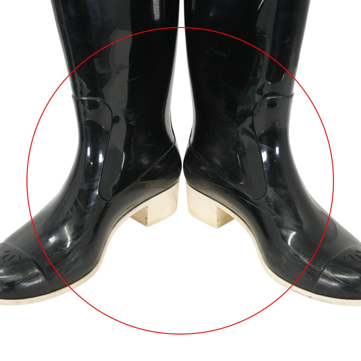 [Pre-loved] CHANEL boots Women's Long Rain Boots camellia COCO Mark Noir (Black)/Blanc (White) Rubber #37 Gold HW G26648[USED A][Authentic]