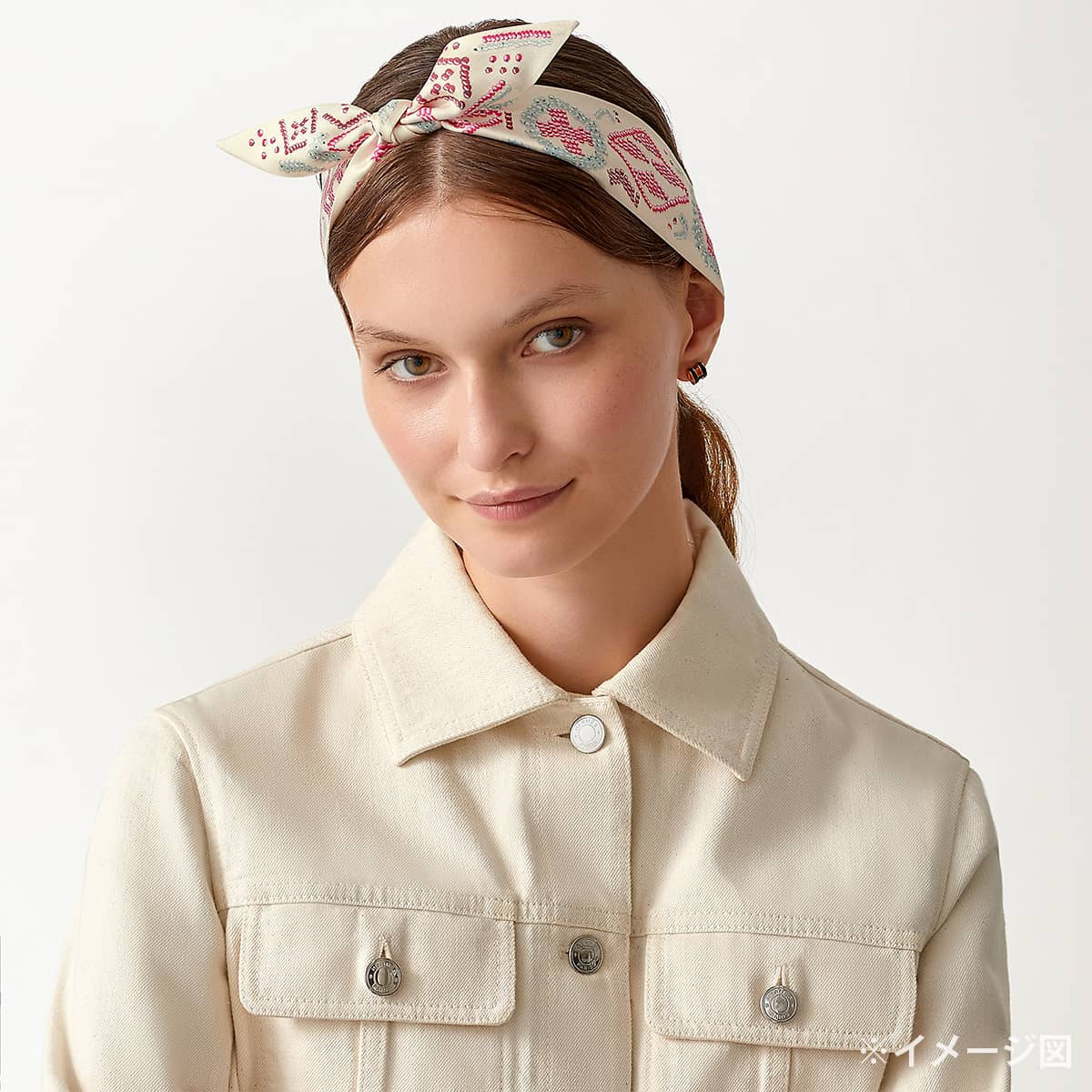 HERMES scarf Twilly KELLY EN PERLES Cream/Framboise/Argile Silk100%[EXCELLENT][Authentic]