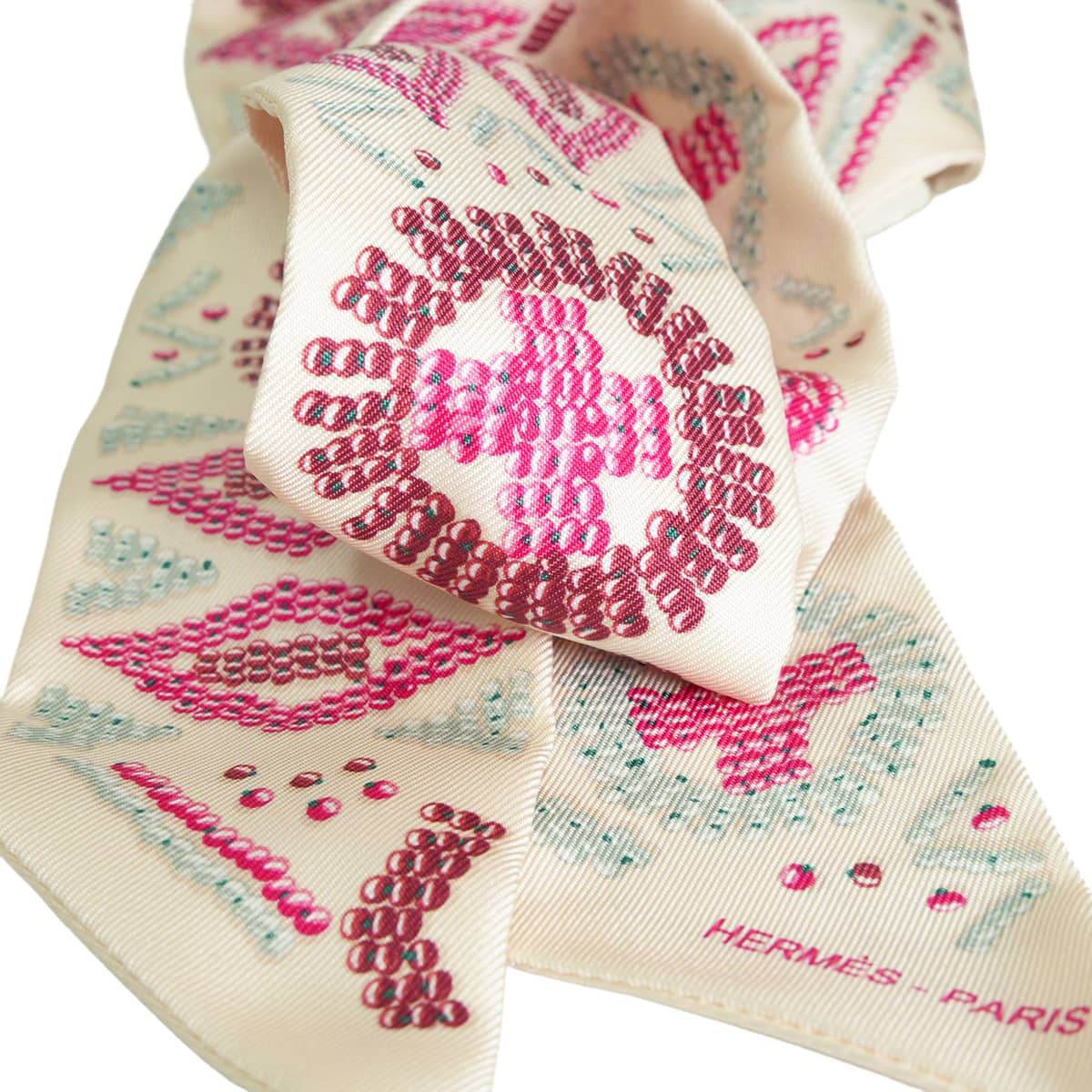 HERMES scarf Twilly KELLY EN PERLES Cream/Framboise/Argile Silk100%[EXCELLENT][Authentic]