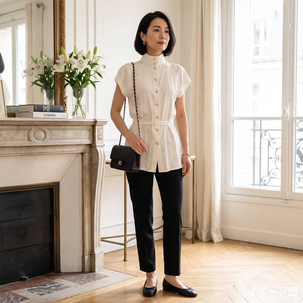 [Pre-loved] CHANEL Blouse Women's short sleeve belted COCO Mark pearl buttons Blanc (White) Silk #38 P59624V45196[LIKE NEW][Authentic]