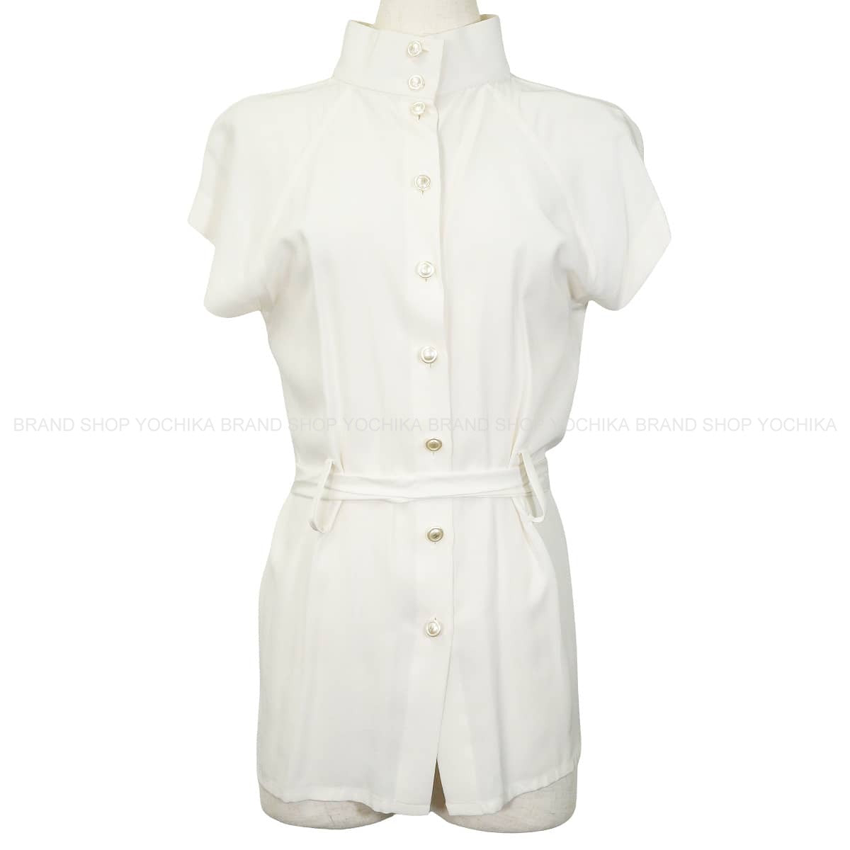 [Pre-loved] CHANEL Blouse Women's short sleeve belted COCO Mark pearl buttons Blanc (White) Silk #38 P59624V45196[LIKE NEW][Authentic]