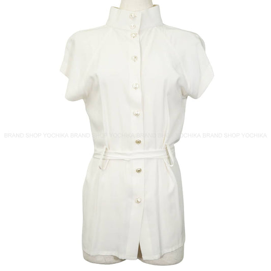 [Pre-loved] CHANEL Blouse Women's short sleeve belted COCO Mark pearl buttons Blanc (White) Silk #38 P59624V45196[LIKE NEW][Authentic]