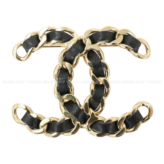 B19V CHANEL broach Large COCO Mark Chain Noir (Black) Leather Gold HW ABH134[EXCELLENT][Authentic]