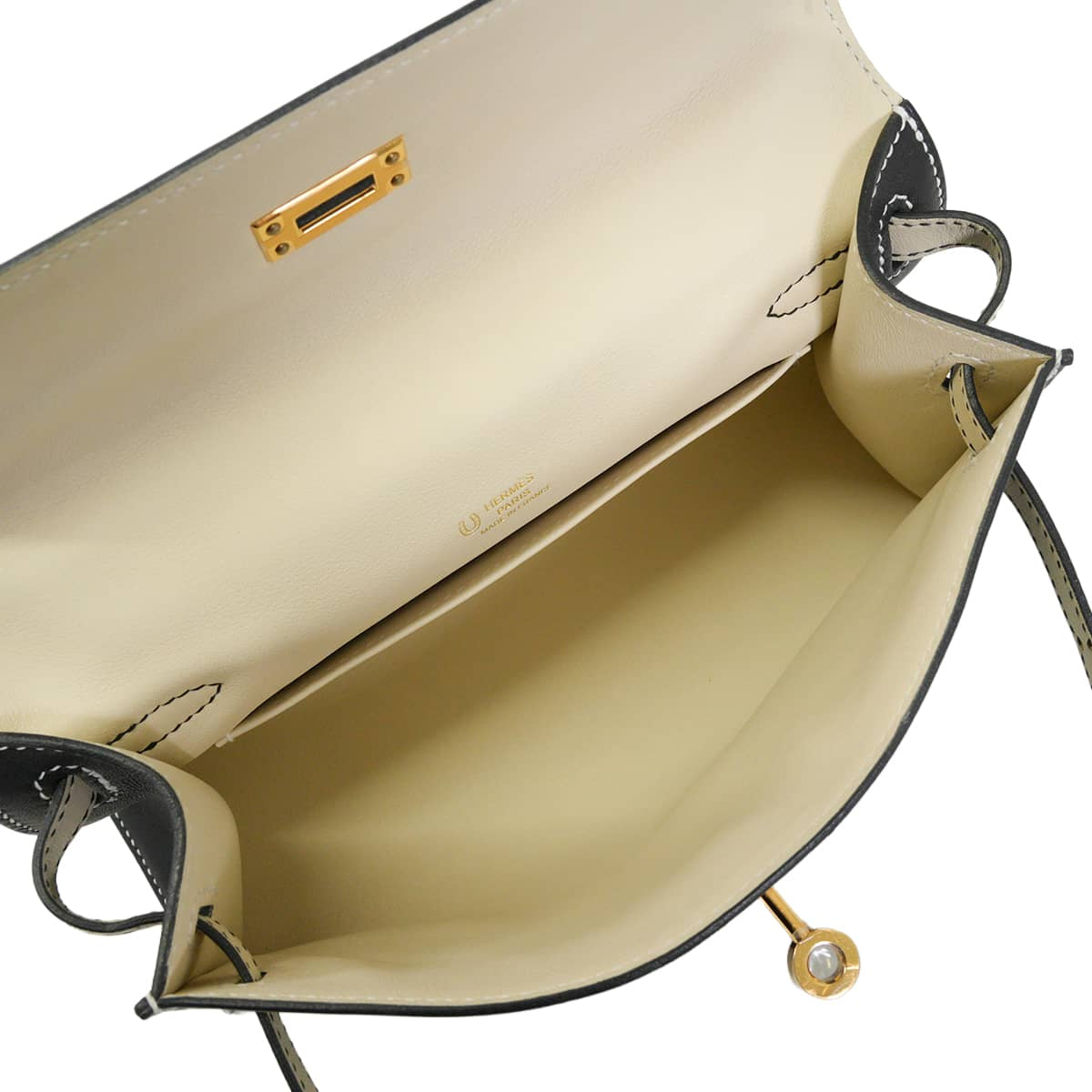 HERMES Handbag Pochette Kelly Special order HSS White stitch Bicolor Noir (Black)/Craie Veau Swift Gold HW Stamp U[EXCELLENT][Authentic]