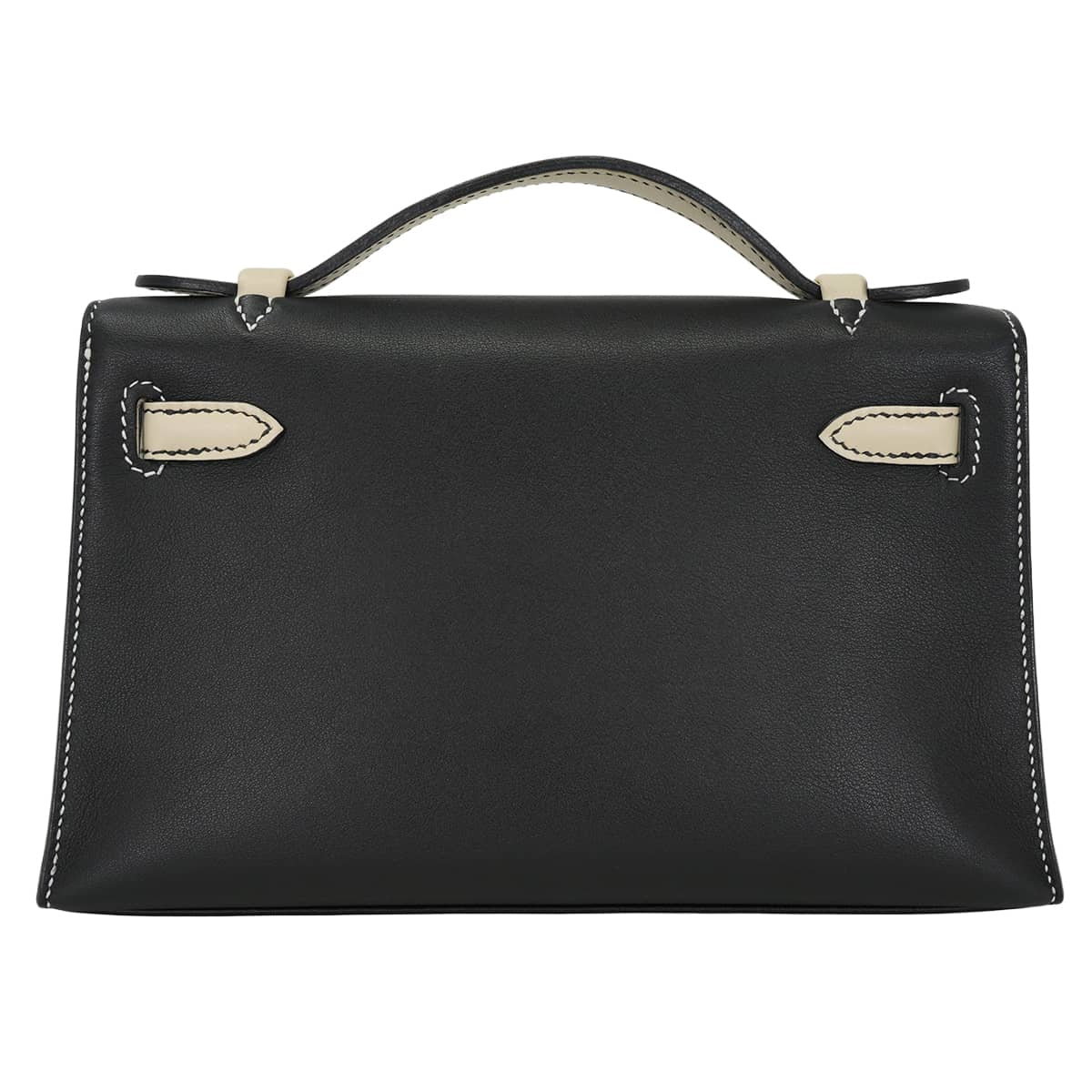 HERMES Handbag Pochette Kelly Special order HSS White stitch Bicolor Noir (Black)/Craie Veau Swift Gold HW Stamp U[EXCELLENT][Authentic]