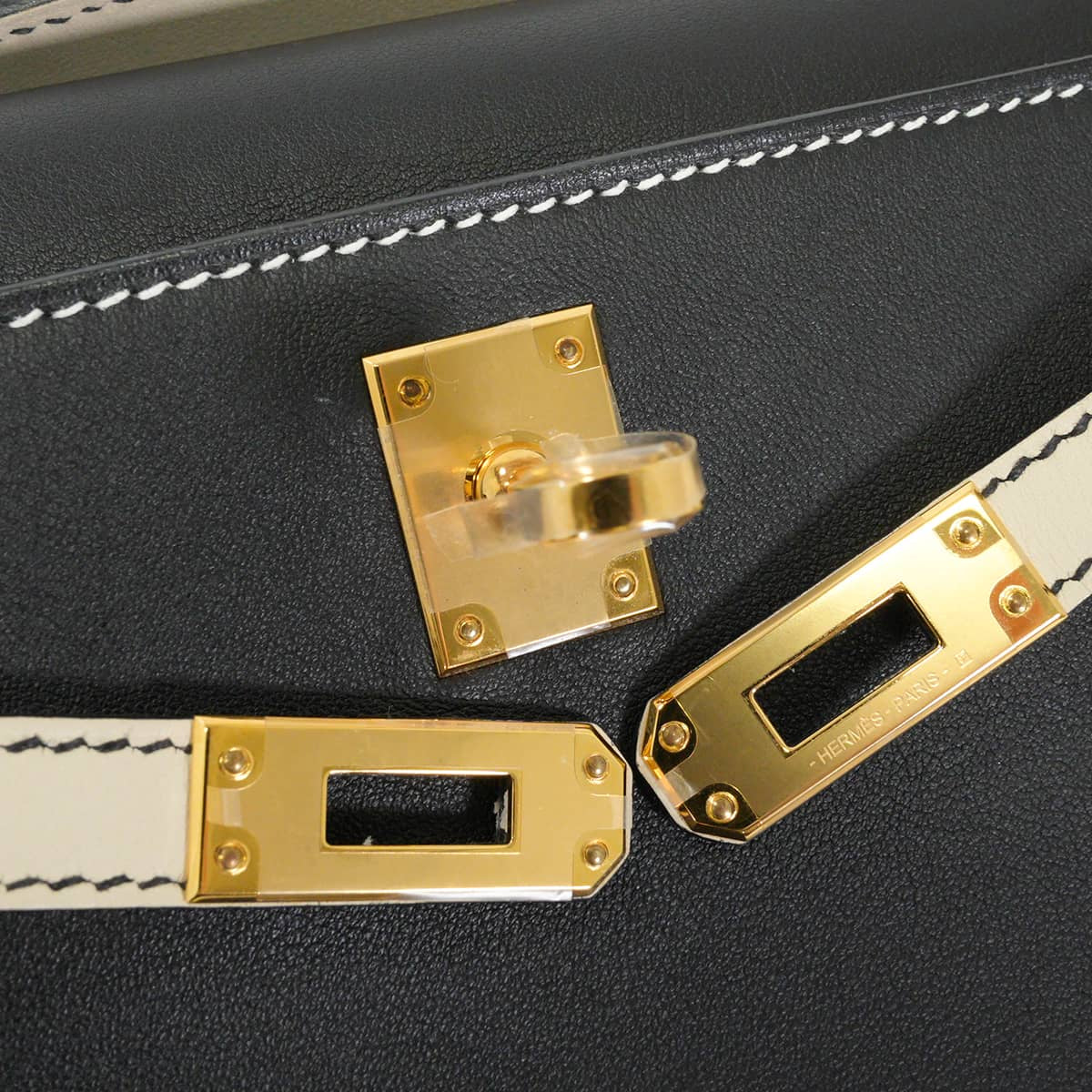 HERMES Handbag Pochette Kelly Special order HSS White stitch Bicolor Noir (Black)/Craie Veau Swift Gold HW Stamp U[EXCELLENT][Authentic]