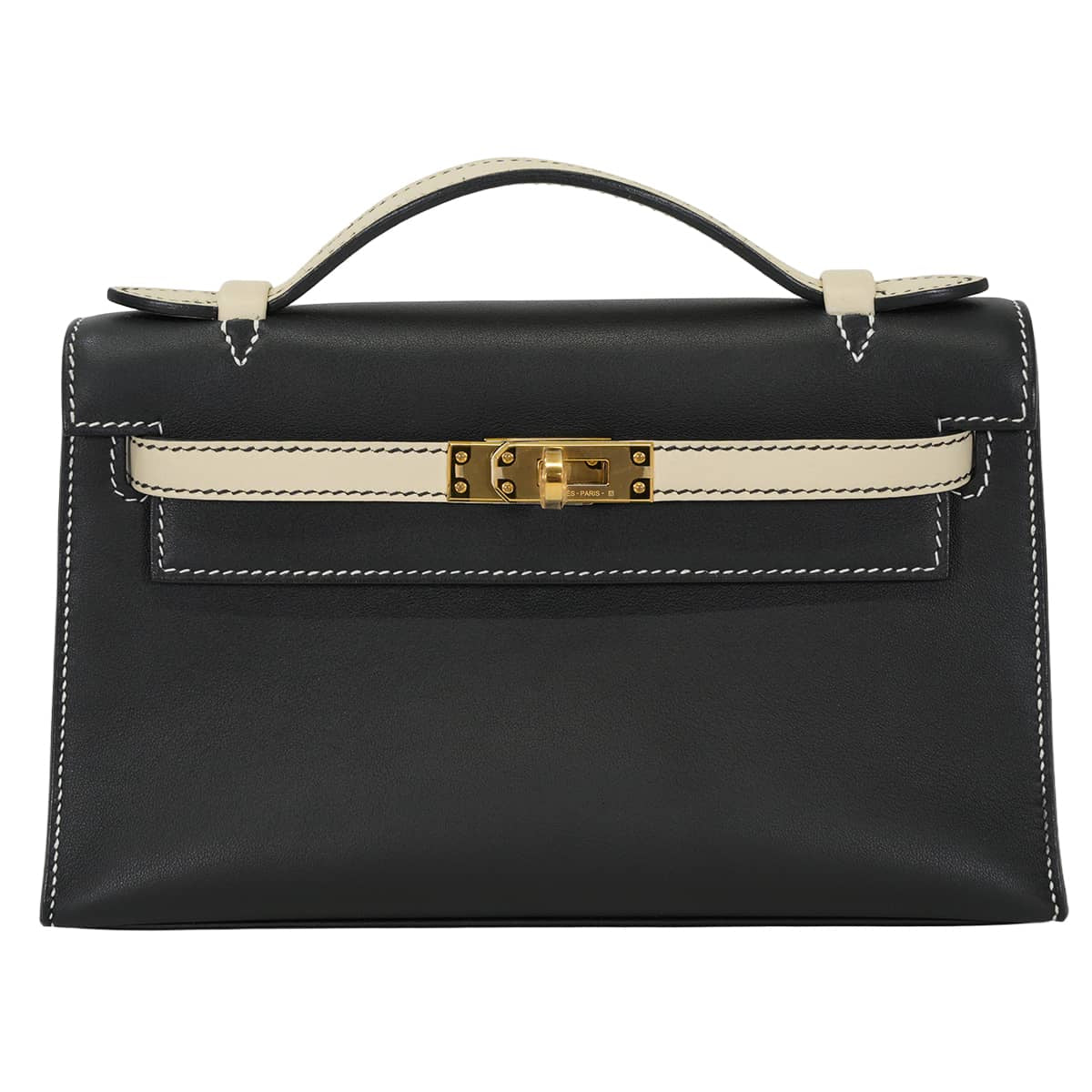 HERMES Handbag Pochette Kelly Special order HSS White stitch Bicolor Noir (Black)/Craie Veau Swift Gold HW Stamp U[EXCELLENT][Authentic]