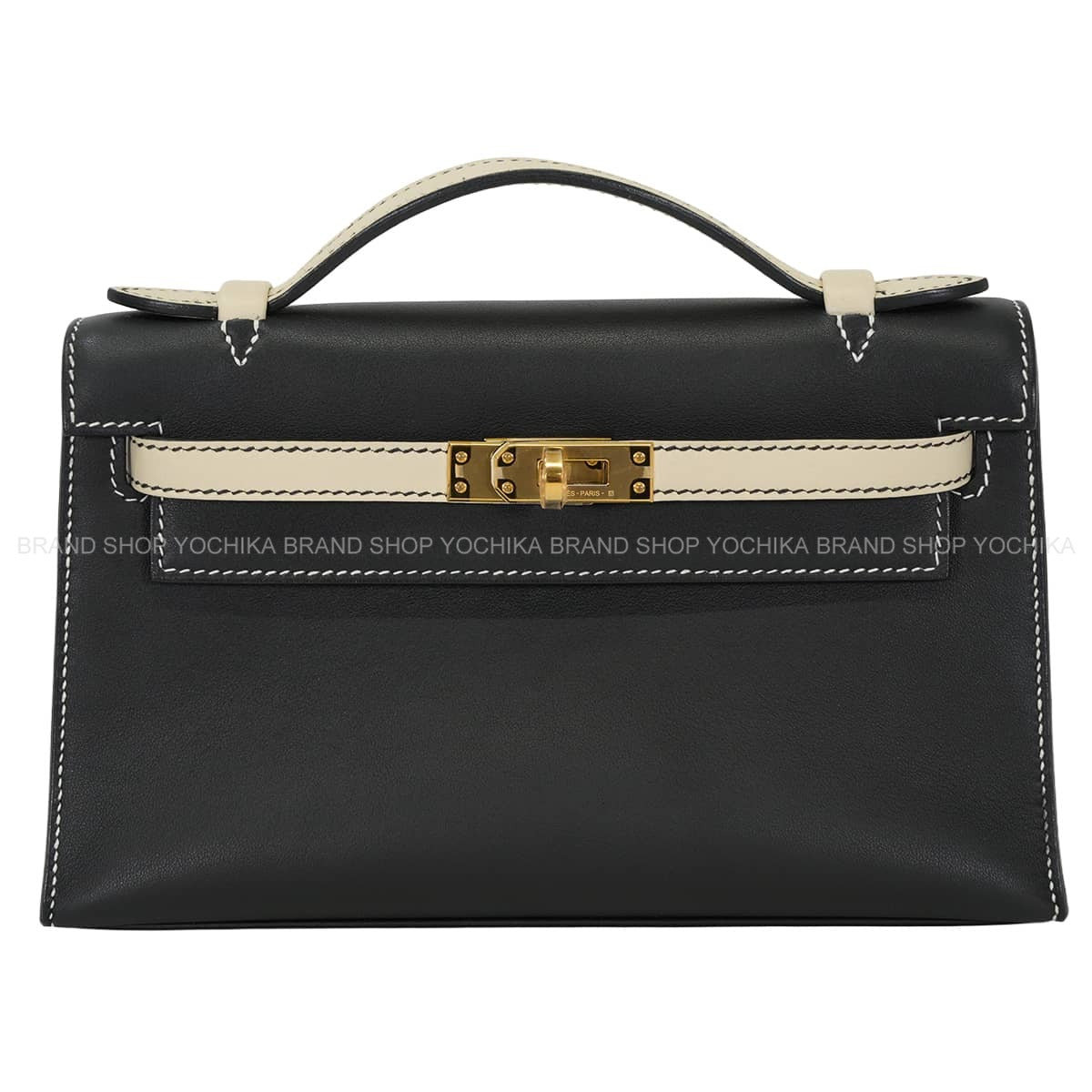 HERMES Handbag Pochette Kelly Special order White stitch Bicolor Noir (Black)/Craie Veau Swift Gold HW Stamp U[EXCELLENT][Authentic]